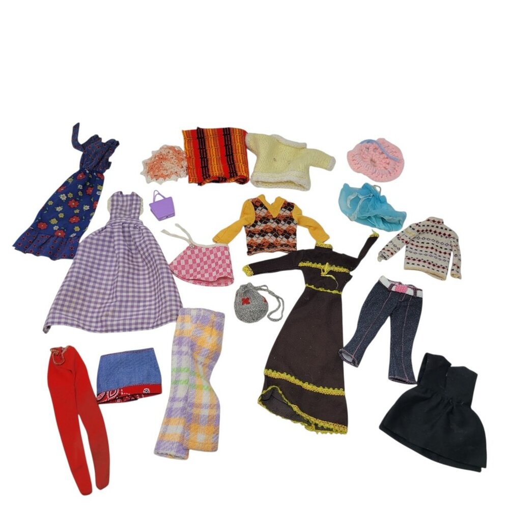 Vintage Lot Of Barbie Doll Mixed Doll Clothes Bags Dress Top Shorts Skirt70-80s